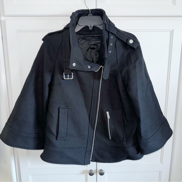 ZARA RARE BLACK COAT CAPE JACKET ASYMMETRICAL ZIP SIZE SMALL Peacoat Goth - Picture 7 of 13